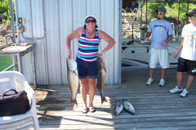 Karen with stripers caught with Lake Norfork guide STR Outfitters
